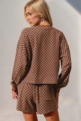 Double Take Checkered Half Button Top and Shorts Set OutfitFlow